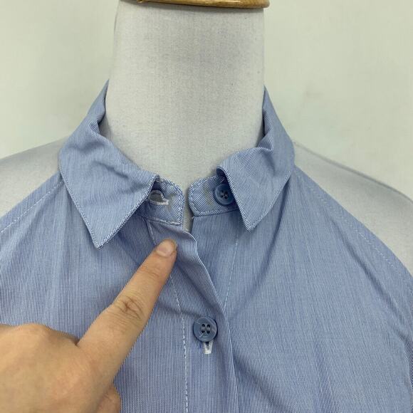 BCBGeneration Shirt Womens S Small Blue Striped Collar Cold Shoulder Button Up - Picture 6 of 16